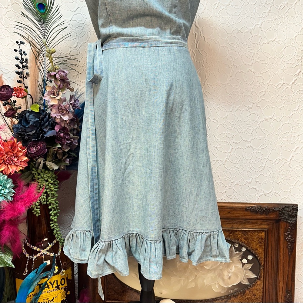 POLO Ralph Lauren🩵 Chambray Blue Wrap Midi Ruffle Tie Dress (10) - Picture 11 of 16
